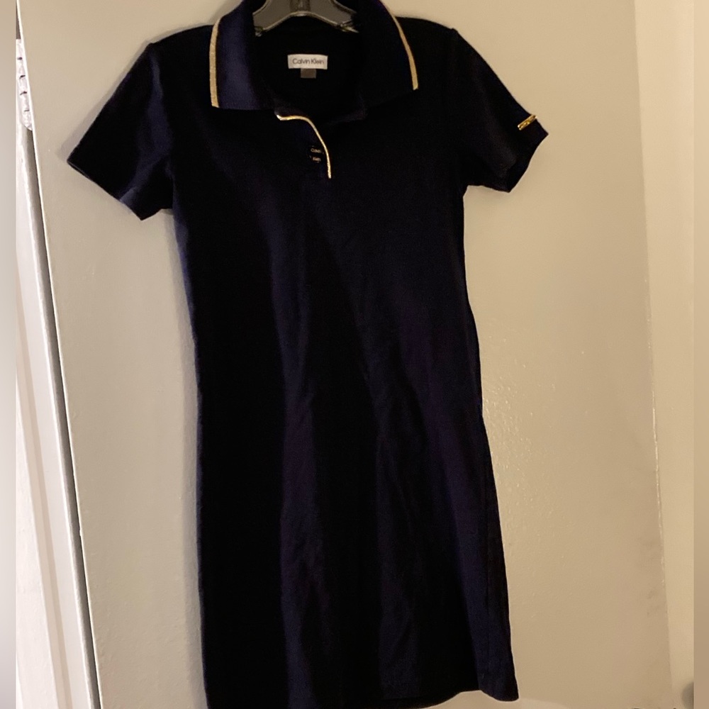 Calvin Klein navy cotton tee shirt dress with gold trim small petite ❤️🥰